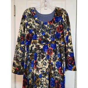 Handmade Velvet Cottagecore Floral Rose Dress Long Bell Sleeve Fit Flare NO SIZE